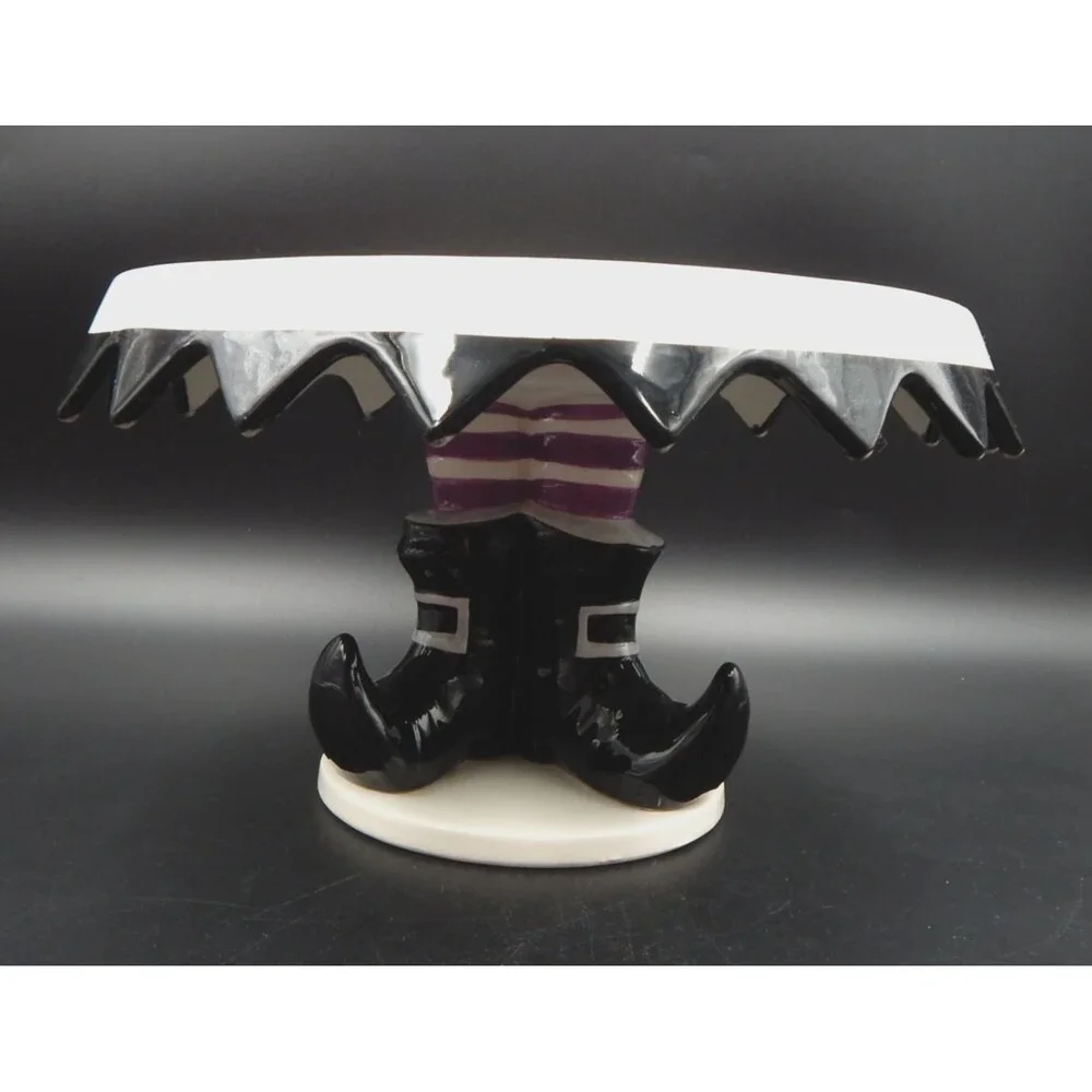 Magenta Ceramic Halloween Witch Legs Pedestal Cake Stand Dessert Plate 11 Inch
